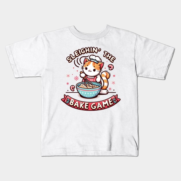 Sleighin' The Bake Game Christmas Cat Baking Kids T-Shirt by TheCloakedOak